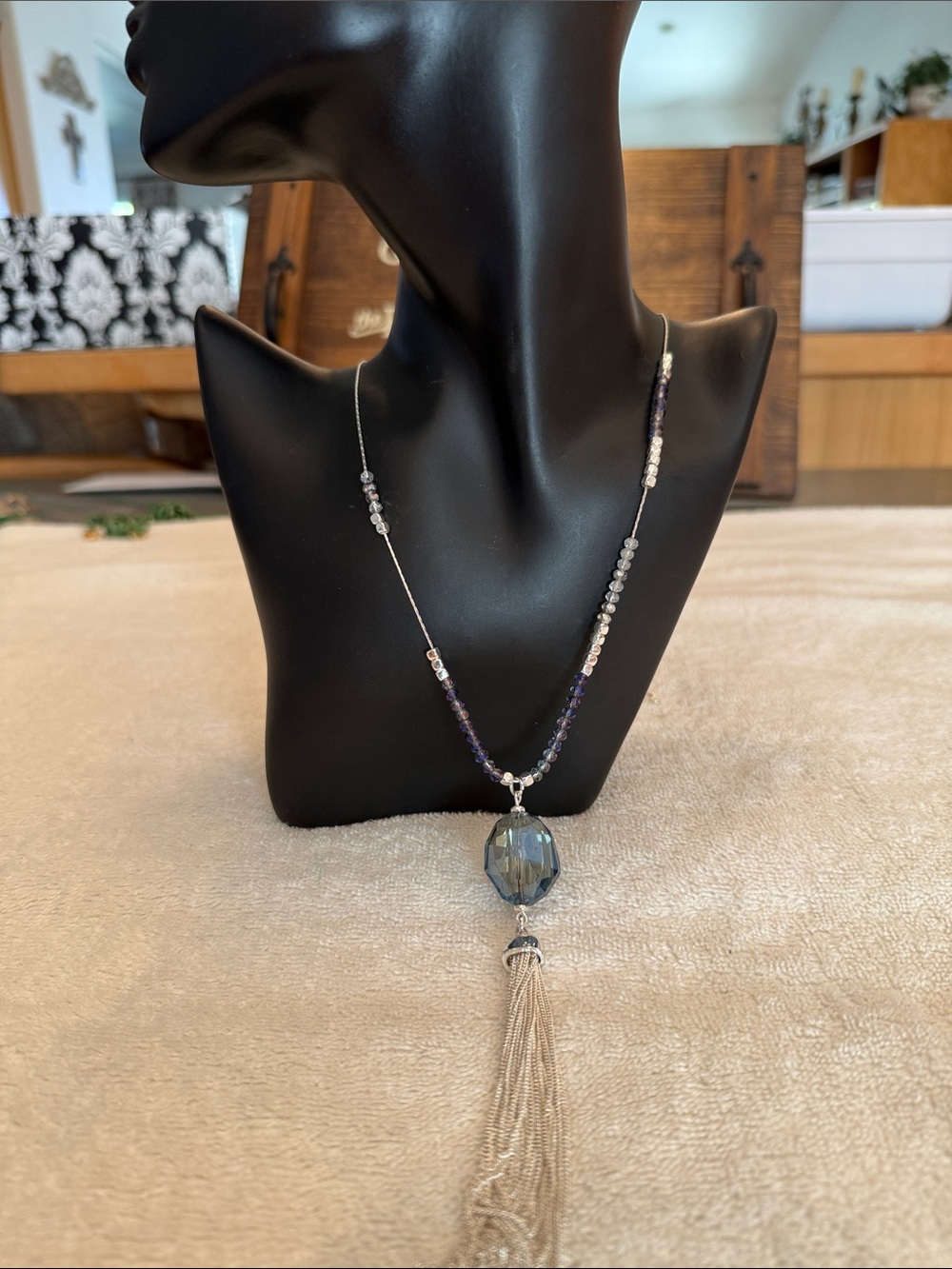 Silver Tassel Pendant Necklace with Iridescent Blue-Grey Bead